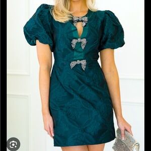 Entro Green Jacquard bejeweled bow dress NWT